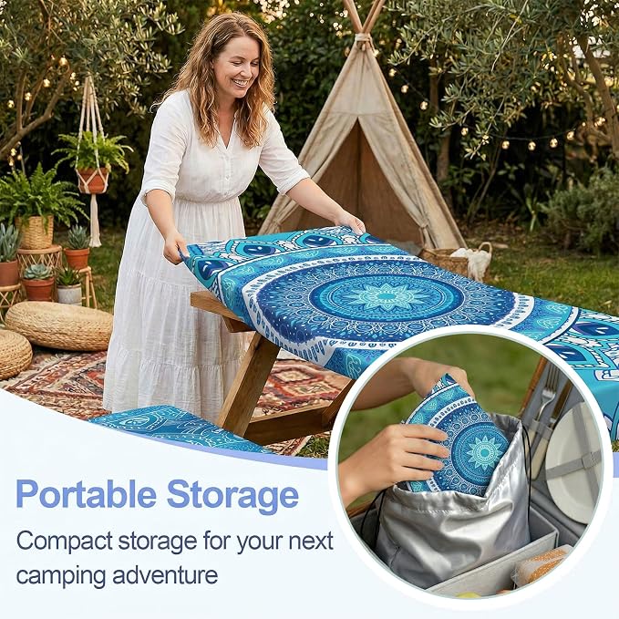 Picnic Table Cover with Bench Covers Camping Essentials Waterproof Windproof Camping Tablecloth with Drawstring Bag, Fitted Rectangle Tables and Seats, 72in, Air Superiority Blue