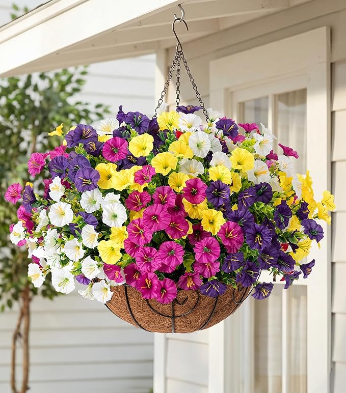HyeFlora Artificial Hanging Flowers Faux Plants Basket for Outdoors Spring Decor, Fake Silk Morning Glory with Eucalyptus in Planter UV Resistant Outdoor Flowers for Outside Porch Patio Garden Home