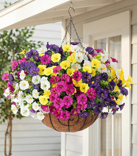 HyeFlora Artificial Hanging Flowers Faux Plants Basket for Outdoors Spring Decor, Fake Silk Morning Glory with Eucalyptus in Planter UV Resistant Outdoor Flowers for Outside Porch Patio Garden Home