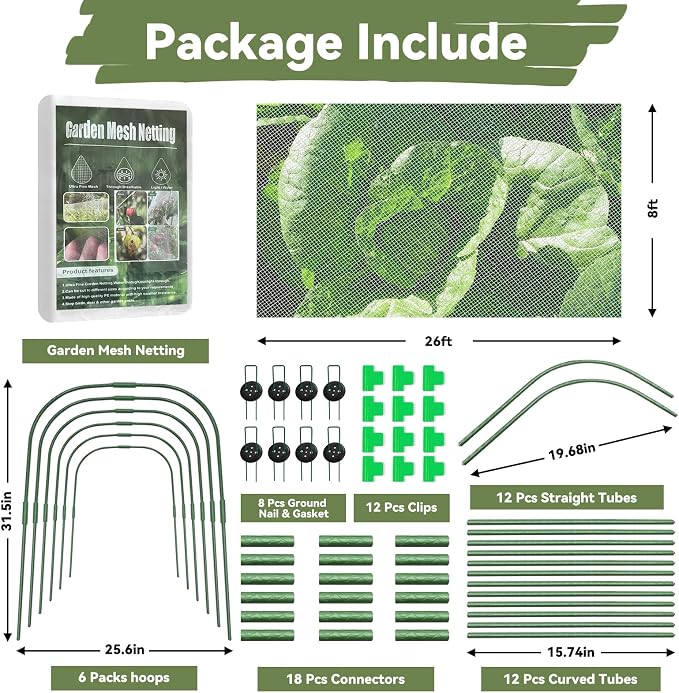 Garden Mesh Netting Kit for Raised Beds, 8 * 26FT Ultra Fine Plant Netting Covers with 6 Pcs Wide Garden Hoops & 12 Clips, 8 Ground Stakes Protect Greenhouse Fruit Vegetable Flowers from Birds Bugs