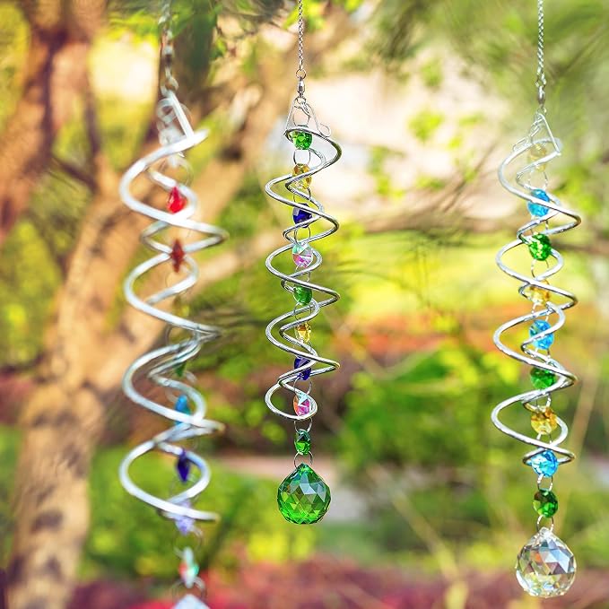 5 Pack Crystal Suncatcher Gazing Ball Spiral Wind Spinner Garden Decor | Crystal Sun Catcher Wind Spinner with Spiral Tail Gazing Ball Hanging for Indoor Outdoor Garden Patio Yard Home Decor