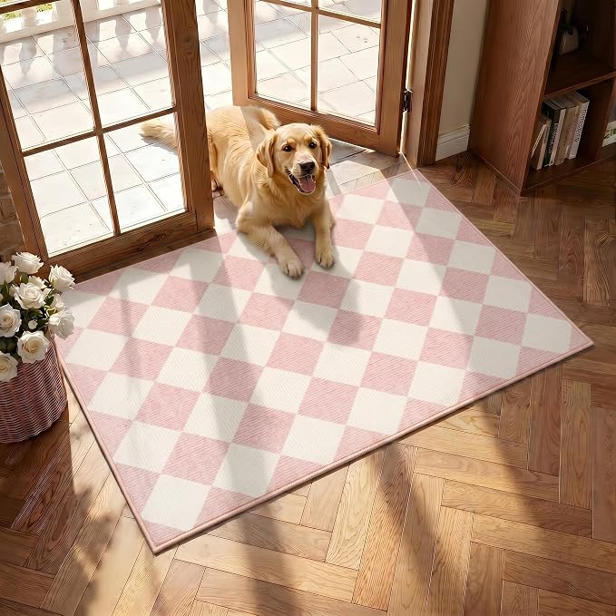 GarveeHome Checkered Entryway Rug 2x3 Pink Diamond Washable Front Door Rug | Soft Indoor Entrance Plaid Carpet Non-Slip Low Pile Throw Rugs for Kitchen Floor, Powder Room, Entry, Bathroom, Kids Room