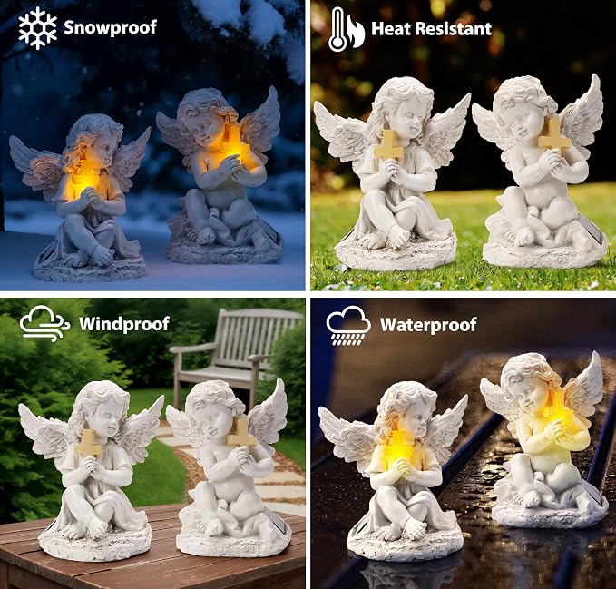 Solar Garden Statues Angel with Cross, 2 Pack Outdoor Garden Decor for Yard, Patio Decorations Gifts for Mom Grandma Women, Solar Angel Lawn Ornaments for Outside Porch Flower Bed Decor