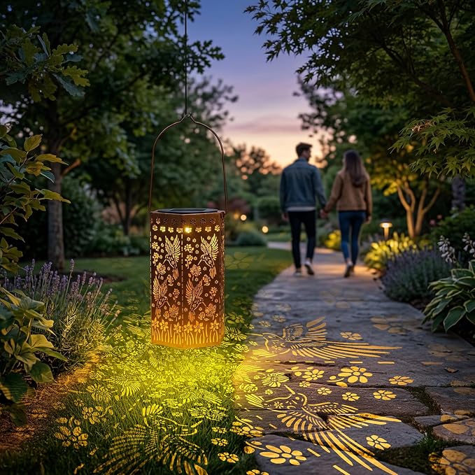 Solar Lanterns Waterproof Hummingbird Hanging Outside Decoration for Patio | Exquisite hummingbird pattern,antique bronze metallic color, IP65 waterproof,high conversion solar panel,high-brightness LED.