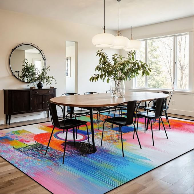 9x12 Area Rugs for Living Room Abstract Orange Pink Colorful Yellow Blue Red Texture Bold Strokes Washable Large Area Rug for Bedroom Non Slip Outdoor Carpets Soft Mats Kitchen Home Office Decor