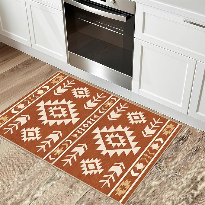 Western Area Rug 3x5 for Living Room Bedroom, Southwestern Aztec Tribal Area Rugs Southwest Navajo Machine Washable Rug Non-Slip Printed Low-Pile Floor Carpet for Kitchen Bathroom, Yellow Brown