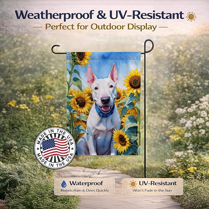 Caroline's Treasures DAC6071GF English Bull Terrier in Sunflowers Garden Flag Mailbox Flag Decorative Yard Flag Banner Outside Patio Artwork Yard Flower Beds, Garden Size, Multicolor
