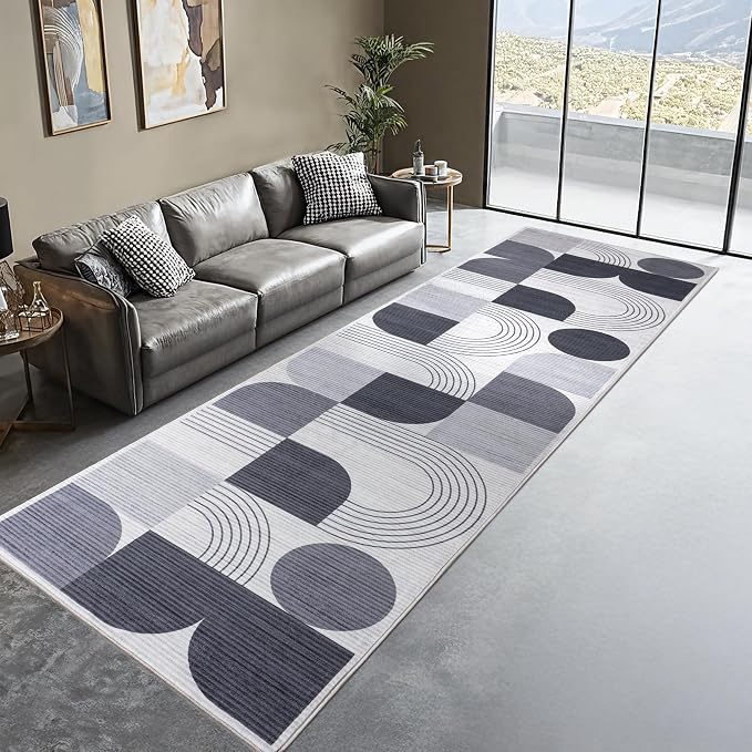 Soft Modern Geometric Abstract Machine Washable 2x6 Runner Rug | Grey Rugs for Bedroom Living Room, Non-Shedding Faux Wool Indoor Throw Floor Carpet for Office Entryway Dining Room Decor