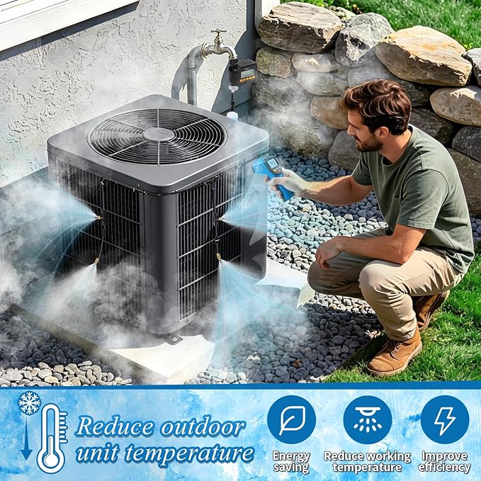 AC Condenser Misting Cooling System with Garden Timer & Water Filter & Cutter, Air Conditioner Evaporative Cooling Kit for Residential AC Units, Sun-Exposed Condensers&High-Temperature Climate Homes