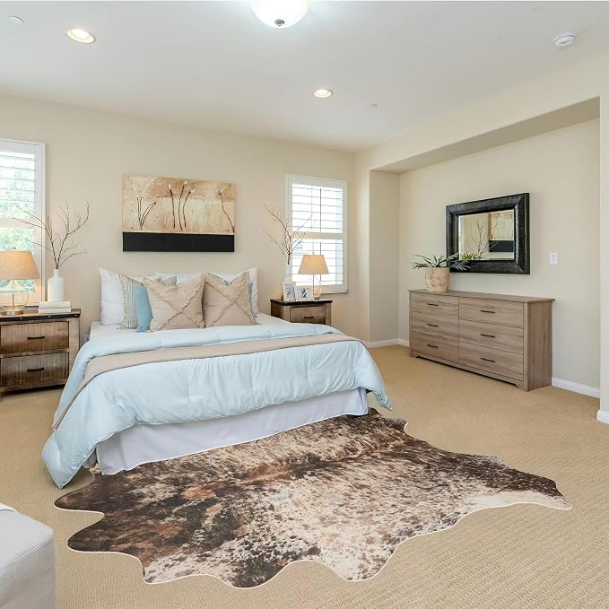 Brown Large Faux Cowhide Rug 8x10ft Washable Cowhide Rug | No-Slip Low Pile Animal Print Western Decor for Living Room Bedroom Kitchen Bathroom-No Fur