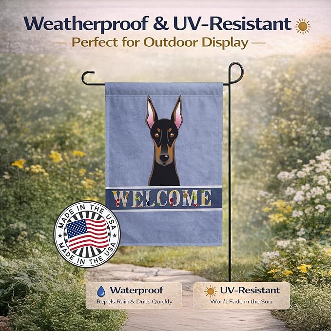 Caroline's Treasures BB1431GF Doberman Welcome Garden Flag, Blue Mailbox Flag Decorative Yard Flag Banner Outside Patio Artwork Yard Flower Beds, Garden Size, Multicolor