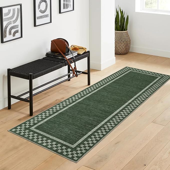 GarveeHome Kitchen Runner Rug Washable Runner Rug 2x6 for Hallway Bedroom | Non Slip Soft Throw Carpet Modern Bordered Bathroom Mat Low Pile Checkered Runner Rugs for Living Room Entry, Green