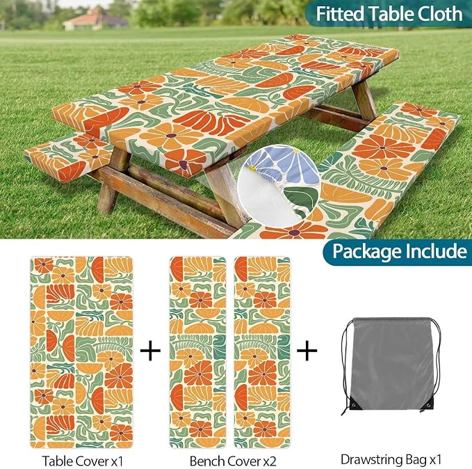 Picnic Table Covers with Bench Covers Boho Patchwork Orange Green Flower Pattern Camping Tablecloth Fitted Picnic Table Cover with Elastic Windproof Waterproof, Camping Accessories Outdoor, 72In 3PCS