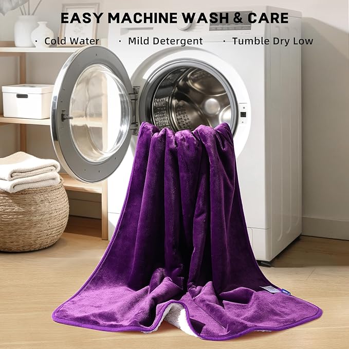 Sunsleek Waterproof Fleece Sherpa Blanket for Bed Sofa Couch Travel, Reversible Soft Throw Blanket for Dog Puppy Cat, Large Pet Blanket Furniture Protector (Purple,80x90 inches)