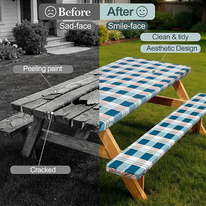Play Tailor Picnic Table Cover with Bench Covers Camping Essentials Waterproof Windproof Camping Tablecloth with Drawstring Bag, Fitted Rectangle Tables and Seats, 72in, Green Checkered