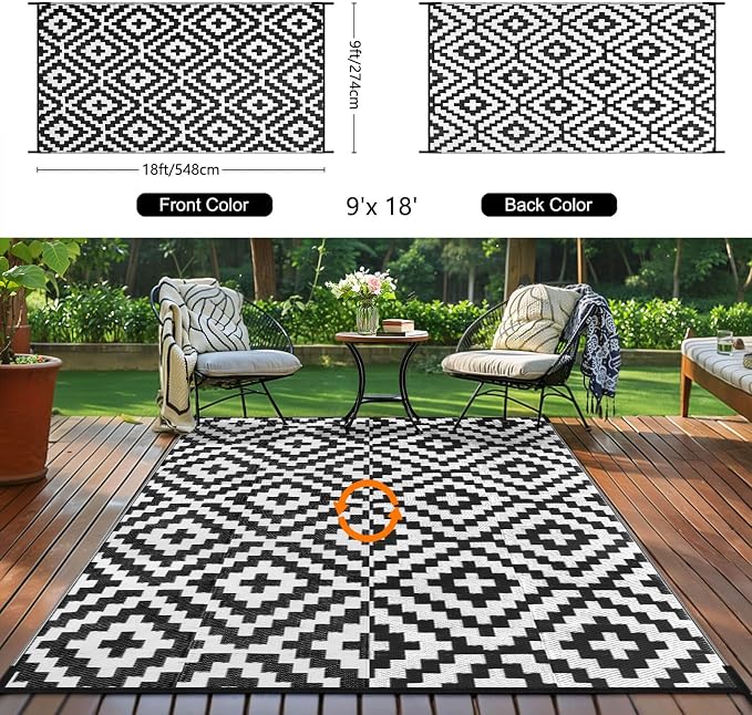 Outdoor Patio Plastic Straw Rug - 9x18 ft Outdoor Camping Rug Waterproof Reversible, Area Carpet Patios RV, Outside Porch Balcony Deck for Camper, Black & White