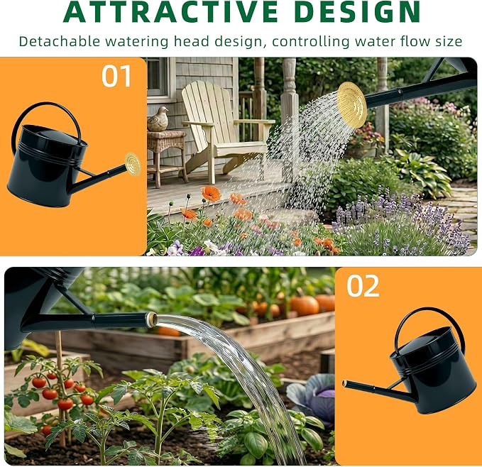 ‌2.5-Gallon Metal Watering Can,9.5L Large Galvanized Watering Can for Outdoor Plants with Removable Long Spout and Golden Handle