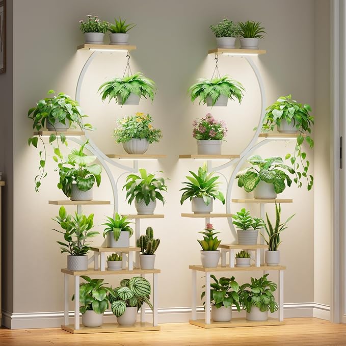 BACEKOLL Plant Stand Indoor with Grow Light - 2 Pack Tall Indoor Plant Shelf, 62" Corner Plant Holder, 8 Tiered Large S-Shape Flower Multiple Display Shelf for Home, White