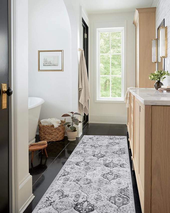 Lahome Moroccan Washable Runner Rug, 2x6 Grey Kitchen Runners for Hallways | Trellis 6 Feet Non Slip Vintage Laundry Room Rug Ultra-Thin Carpet for Bathroom Bedroom Entryway Elise, Silver Grey