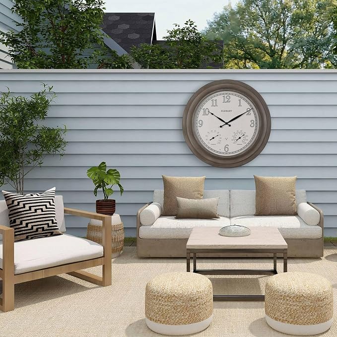 CLXEAST 24 Inch Self-Illuminated in/Outdoor Atomic Wall Clock with Temperature and Humidity, Oversized Large 24 Inch Wall Clocks for Living Room Decor, Brushed Grey Oak Finish