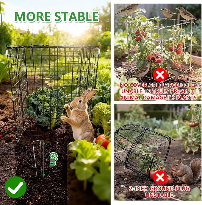 Garden Wire Cloches For Plants Extra Large 13.2" X13.2" X16.7" Rustproof Plant Cages For Outdoor Plants Protectors From Animals With Openable Top Cover & Stakes Plant Cages To Keep Animals Out (4 PCS)