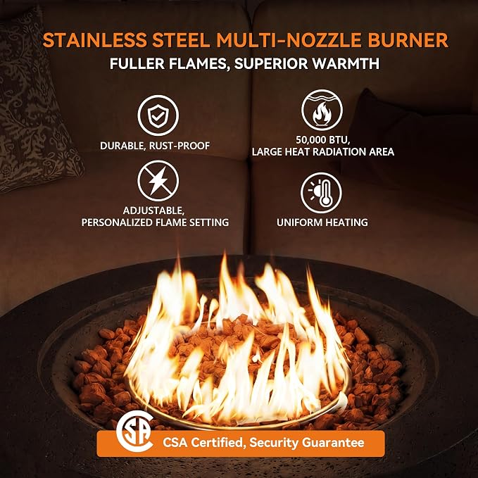 COSIEST 42 inch Outdoor Propane Fire Pit Coffee Table w Concrete Round Base Patio Heater, 50,000 BTU Stainless Steel Burner, Free Lava Rocks, Rain Cover, Brown