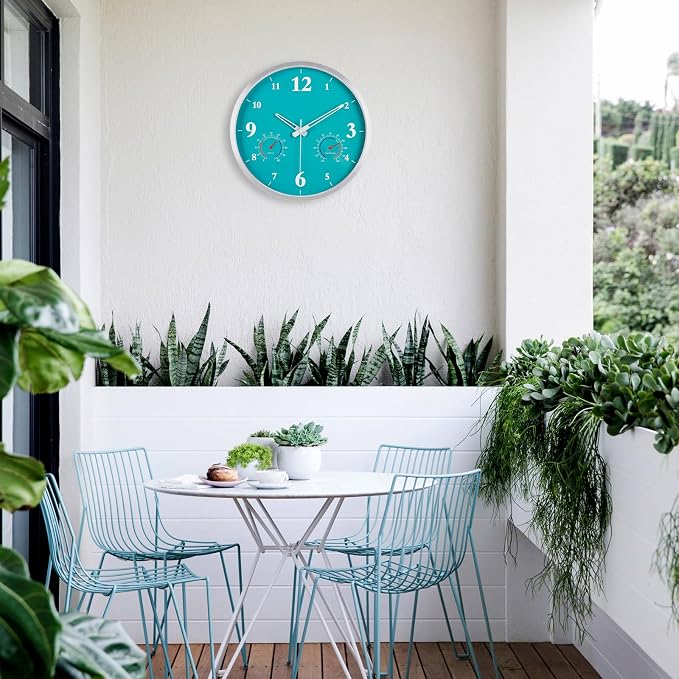 Outdoor Clock Waterproof with Thermometer and Hygrometer Combo, Outdoor Metal Wall Clock for Garden Patio Pool 12 Inch Blue