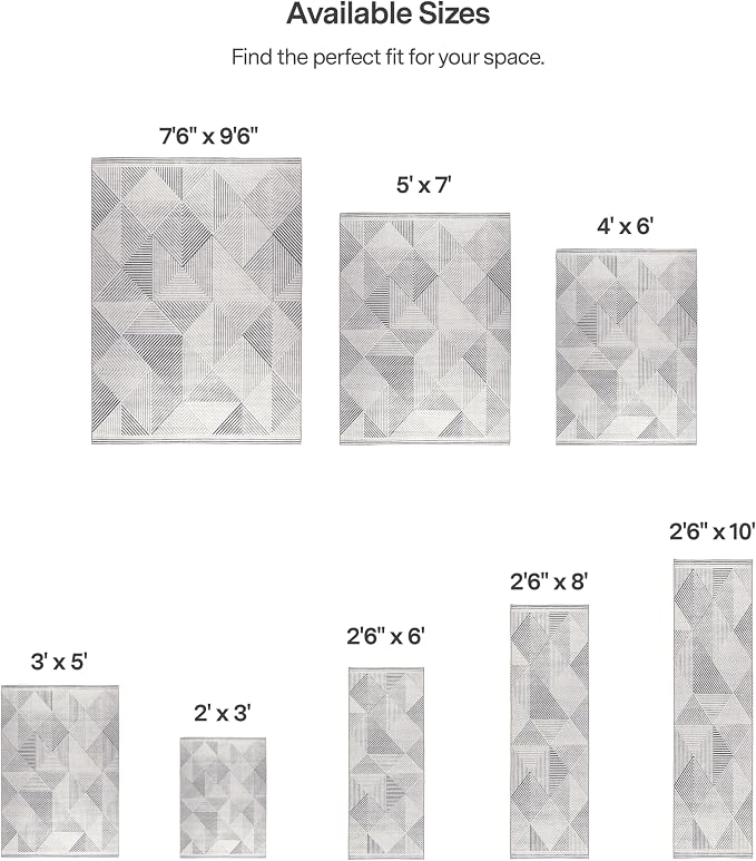 Machine Washable Area Rug - Living Room Bedroom Bathroom Kitchen Entryway Office - Padded Low Pile Stain Resistant Premium - Modern Geometric Contemporary - Miles - Gray 5' x 7'