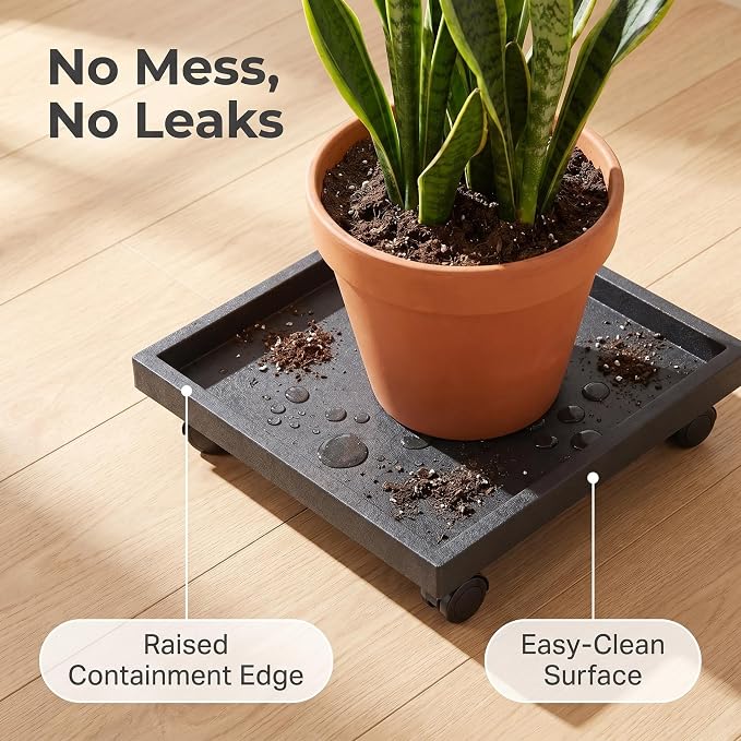 11.4 Inch Square Rolling Plant Caddy Saucer with Wheels, Heavy Duty Wheeled Planter Stand for Potted Plant, Coaster Roller Base Tray with Casters, Flower Pot Dolly Holder for Indoor Outdoor