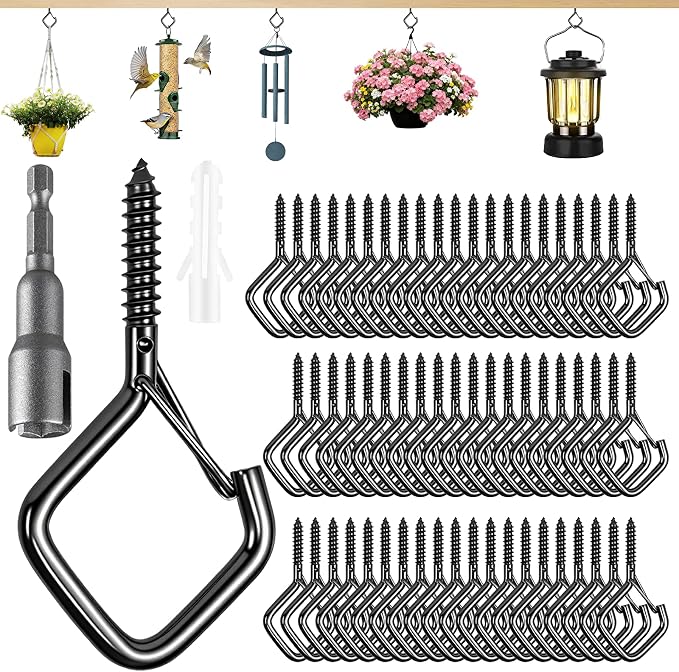 62 PCS Metal Black Eye Screw Hooks for Hanging Heavy Duty.Windproof Ceiling Hooks for Hanging Plants,Cup,Wind Chime,Bird Feeders,Christmas String Lights at Indoor&Outdoor 2.2 Inch