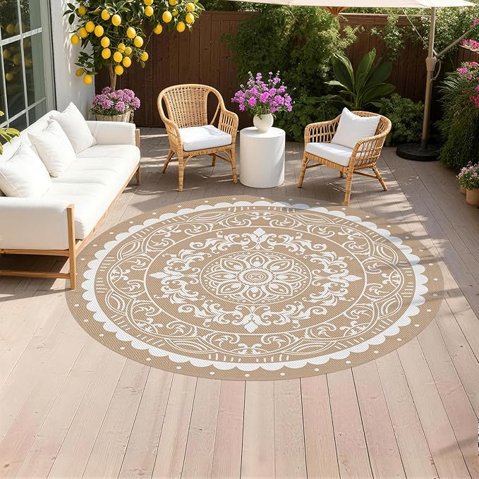 Pauwer Waterproof Outdoor Rug 8ft, Reversible Plastic Straw Patio Camping Rug, Indoor Outdoor RV Mat Carpet for Deck, Camper, Porch, Balcony, Backyard, Picnic, Paisley Brown