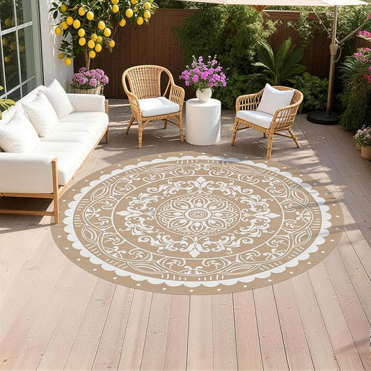 Pauwer Waterproof Outdoor Rug 8ft, Reversible Plastic Straw Patio Camping Rug, Indoor Outdoor RV Mat Carpet for Deck, Camper, Porch, Balcony, Backyard, Picnic, Paisley Brown