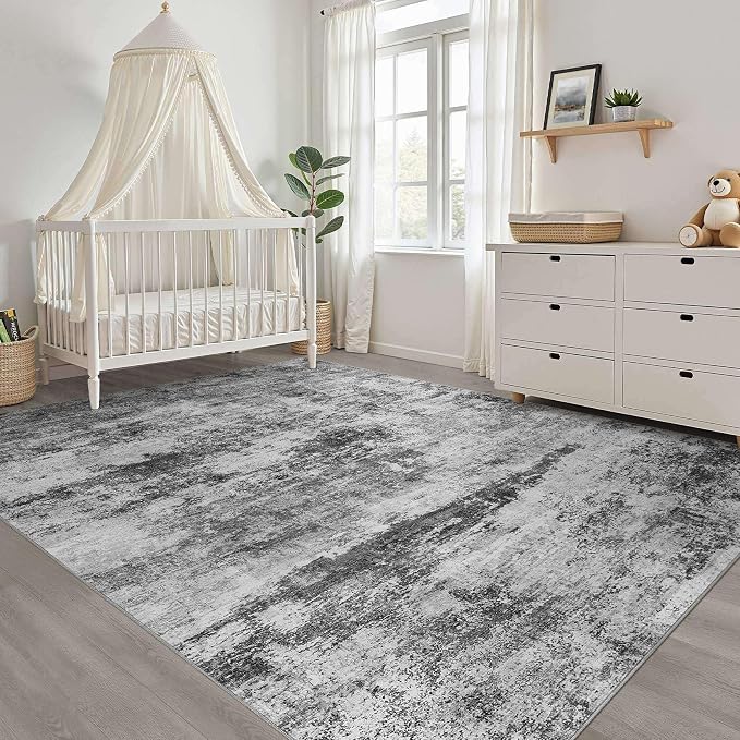 LOONGRUG 10x14 Area Rugs Washable Neutral Modern Living Room Rug Black Gray | Large Abstract Soft Stain Resistant Indoor Non-Slip Carpet for Bedroom Nursery Kids Office Playroom Dining Room
