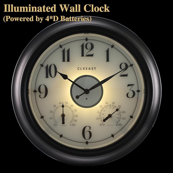 CLXEAST Illuminated Indoor Outdoor Clocks Waterproof 18 inch with Smart Night Light Sensor,Large Wall Clock with Thermometer & Hygrometer,Oil Rubbed Bronze Black