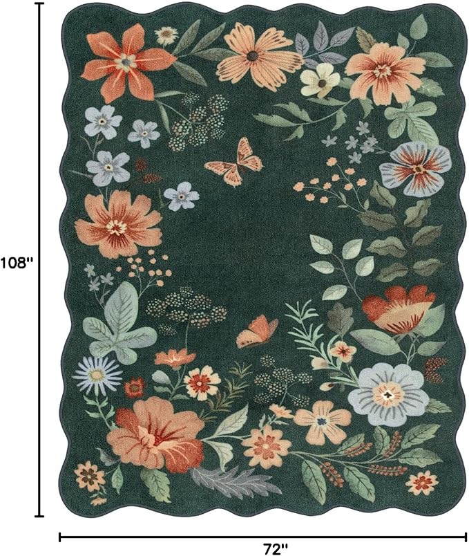 Lahome Floral Washable 6x9 Area Rugs, Soft Bedroom Rug for Living Room | Ultra-Thin Non Slip Dining Room Rug, Stain Resistant Boho Rugs Throw Carpet for Office Flore (6'x9',Dark Green)