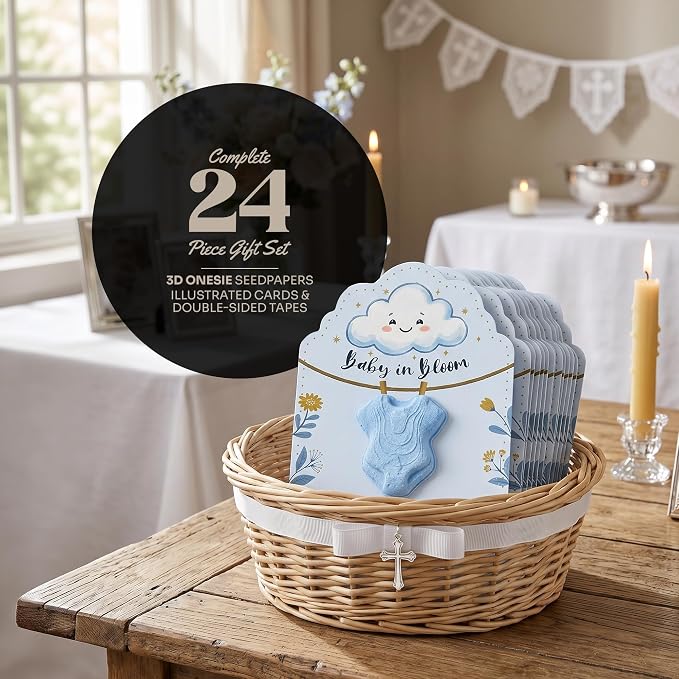 3D Onesie Seed Paper Gift Set – 24 Blue Plantable Baby Boy Onesie Shapes with Wildflower Seeds, Includes Cards & Double-Sided Tape for Baby Shower, Christening, Birthday & Special Occasions