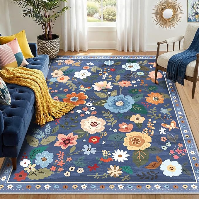 RELEANY Floral 5x7 Area Rug Machine Washable Soft Print Boho Carpet Non Slip Doormat Low Pile Flower Area Rugs for Living Room Bedroom Nursery Kitchen Dining Room Indoor-Blue/Grey | Flower Carpet, Print, Boho, Non-Slip, Easy to Clean, Soft, Low Pile fo...