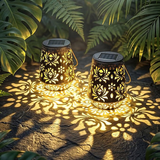 Edenseelake 2 Pack Solar Hanging Lanterns Outdoor Waterproof, Metal Flower Solar Lights, Decorative LED Lantern for Garden, Patio, Porch, Yard, Lawn, Bronze