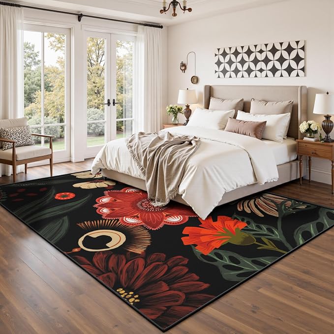 Tyrot Vintage Black Red Boho Floral Living Room Rug, 5x7 Rug Flat Woven Ultra-Thin Washable Botanical Area Rugs Non-Slip Low-Pile Carpet for Bedroom, Dining Room, Office, Kids Room