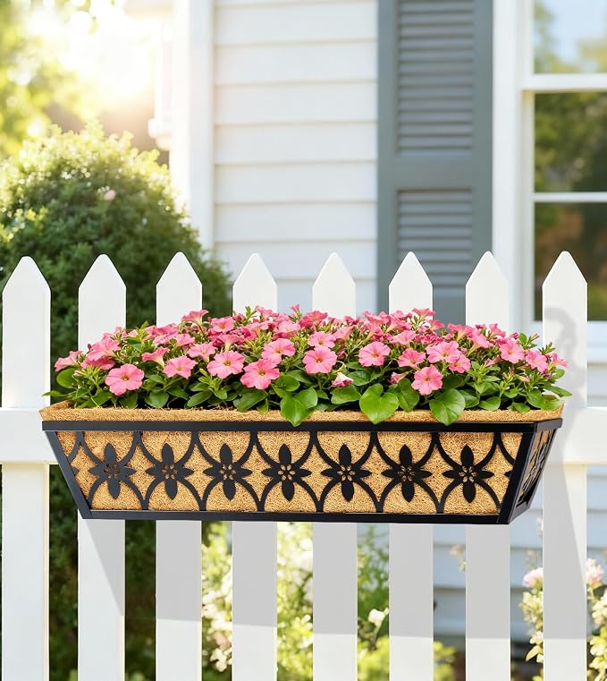 24 Inch Window Boxes Planters Railing Planter Box - 6 Pack Deck Railing Planter Boxes with Adjustable Brackets Coco Liners Balcony Planters Railing Hanging for Window Flower Boxes Outdoor Garden Decor