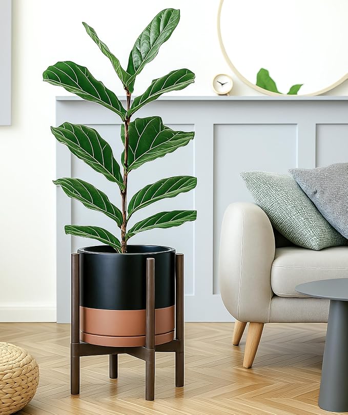 D'vine Dev Ceramic Planter with Walnut Color Stand - 12 Inch Modern Round Flower Pot with Wood Planter Holder, Black/Speckled Tan, 55-B-W-7