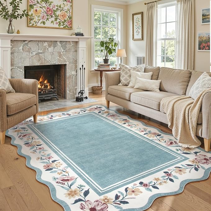 Lahome Floral Area Rug 5x7 for Living Room, Washable Blue Scalloped Rug | Soft Low Pile Large Rugs for Bedroom, Farmhouse, Dining Room, Kids, Ariele