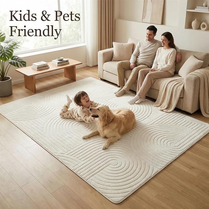 Beige Boho 8x10 Solid Color Area Rugs, Washable Rugs for Living Room | Ultra Soft Thick High-Low Pile Carpet, Fluffy, Non-Slip Modern Geometric Rugs for Bedroom, Kids Room, Nursery, Home Office