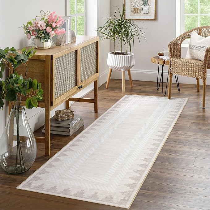 GarveeHome Modern Runner Rug 2x6 Washable Hallway Runner Rugs Bathroom Rug Cream Unique Bordered Neutral Accent Rug Non Slip,Non Shedding Low Pile Kitchen Mat,Soft Low Pile Neutral Carpet for Laundry