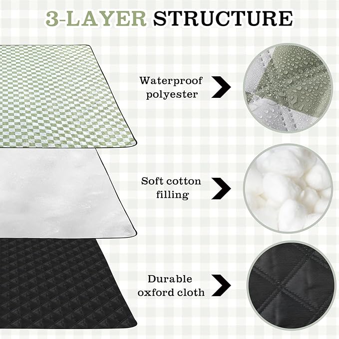 Nuanchu Checkered Picnic Blanket Extra Large Outdoor Blanket Sandproof 80"x80" Waterproof Portable Machine Washable 3 Layer Thick Gingham Picnic Mat for Beach Camping Park Grass Travel(Grass Green)
