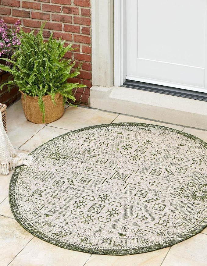 Unique Loom Outdoor Aztec Collection Area Rug - Coba (5' 3" Round, Green/ Ivory)