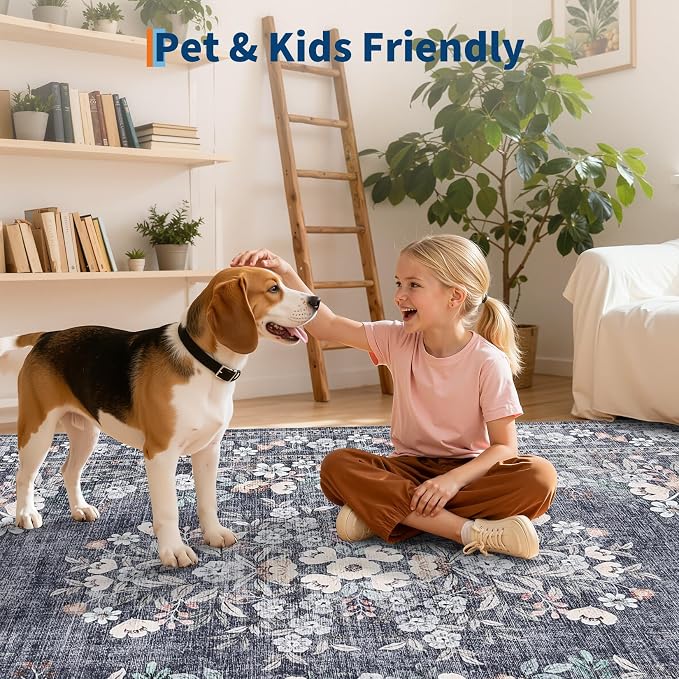 GarveeHome Washable 3x5 Vintage Area Rug for Living Room Bedroom | Boho Botanical Throw Floor Carpets Non-Slip Flower Bordered Accent Mats Floral Area Rugs for Dining Room Office Hallway Blue