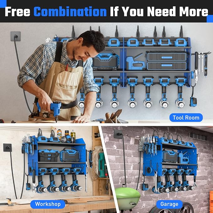 ZESEN Power Tool Organizer with Charging Station, Heavy Duty 4 Layer Drill Holder Wall Mount Garage Shelf Rack with 6 Outlet Power Strip, Tool Shelf with Hooks, Drill Bit Rack for Garage, Blue