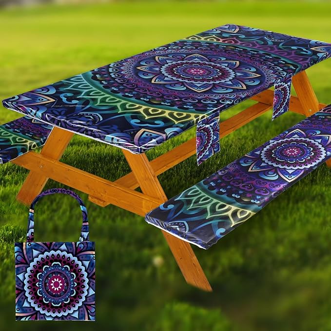 Wrakus Picnic Table Cover with Bench Covers Vinyl Elastic Edges Fitted Rectangle Seat Tables Waterproof 3-Piece96X30in Set Outdoor Rectangular Folding Backing Tablecloth for Camping Over Size