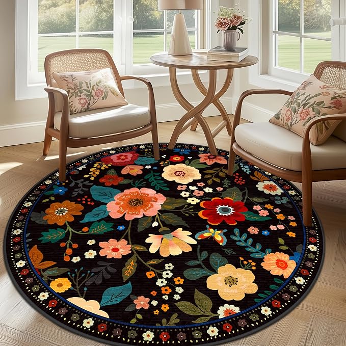 RELEANY Floral Washable Round 6ft Area Rug Black | Flower Carpet, Print, Boho, Non-Slip, Easy to Clean, Soft, Low Pile for Living Room Bedroom Kitchen Office Entryway Hallway